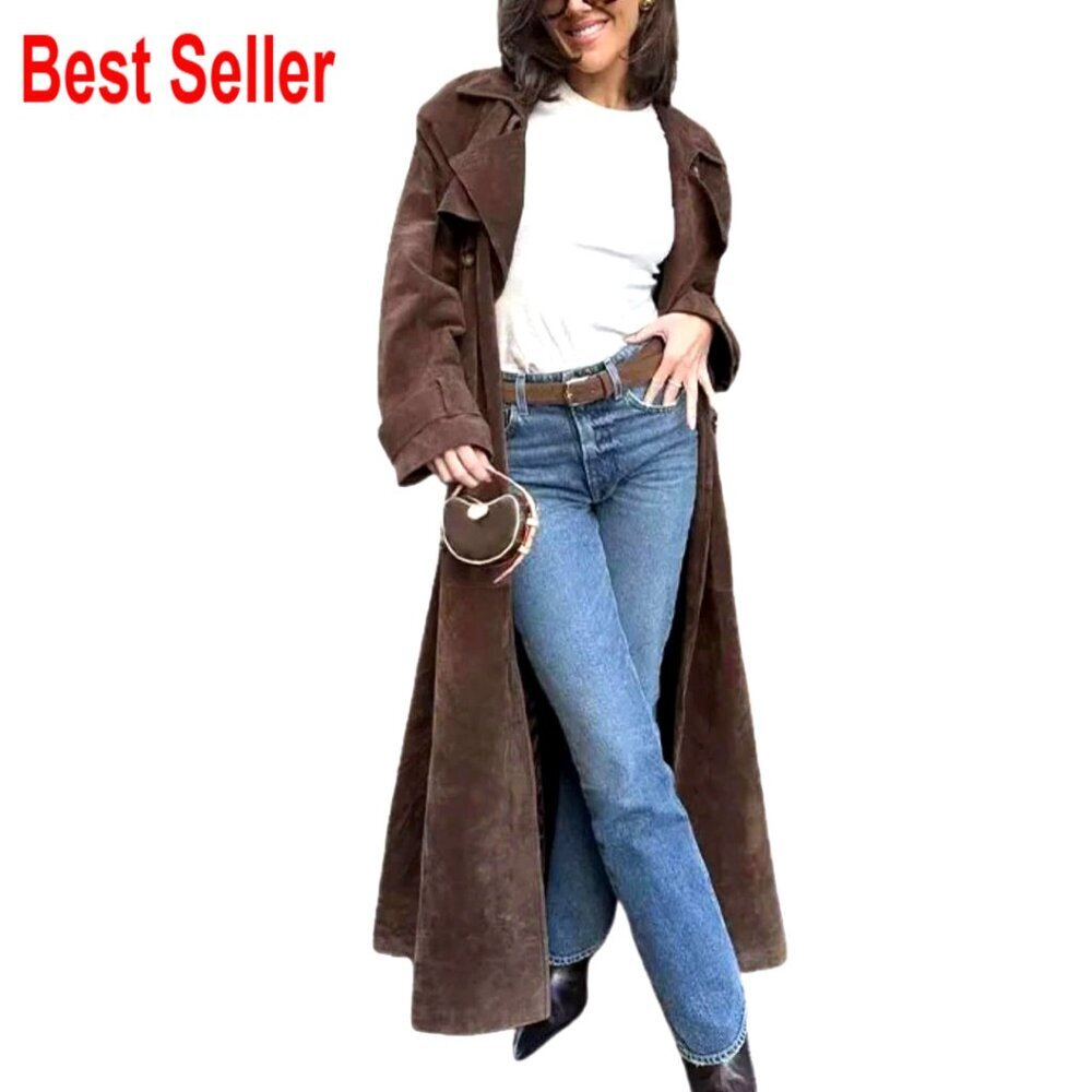 Faux Suede Long Trench Coat Double Breasted Pea Coat Notched Lapel Belted